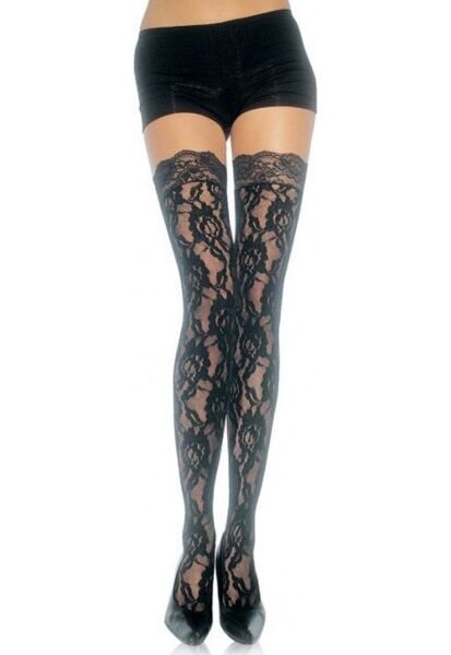 Leg Avenue Ella Rose black lace stockings with a rose pattern, worn up to the thigh