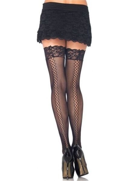 Black Leg Avenue Amor Twist thigh-high fishnet stockings with a diamond-pattern back seam