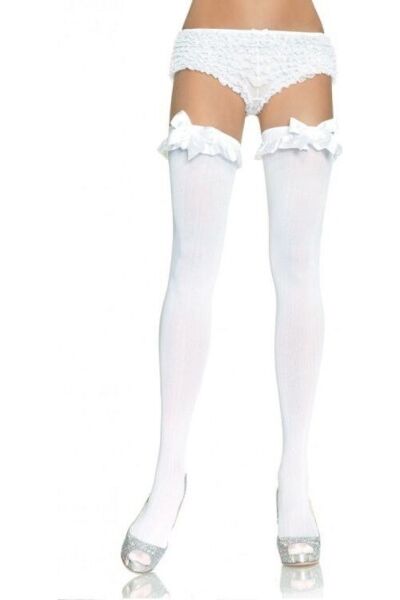 Leg Avenue Devi white opaque thigh-high stockings with a ruffle and bow at the thigh