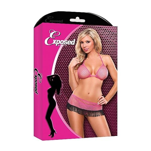 Exposed 3-piece lingerie set in pink with black details, with a bikini-style bra and a thin string thong