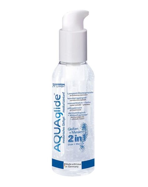 Joydivision AQUAglide 2in1 water-based lubricant and massage gel in its 125 ml bottle