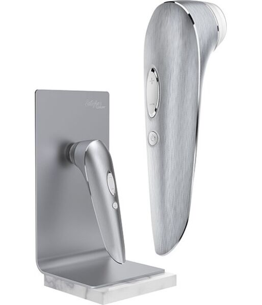 Satisfyer High Fashion clitoral suction toy, in silver aluminium with a silicone head