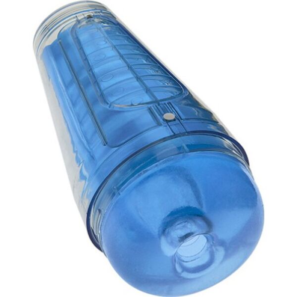 Doc Johnson Main Squeeze Optix Blue masturbator with its clear blue hard case
