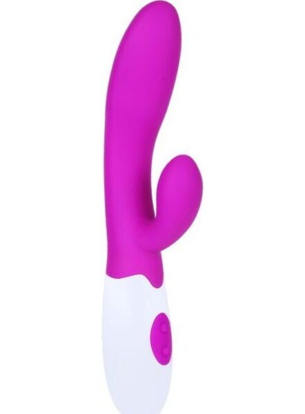 Pretty Love Flirtation Alvis Rabbit Vibrator in lilac and white, with an insertable part and clitoral stimulator