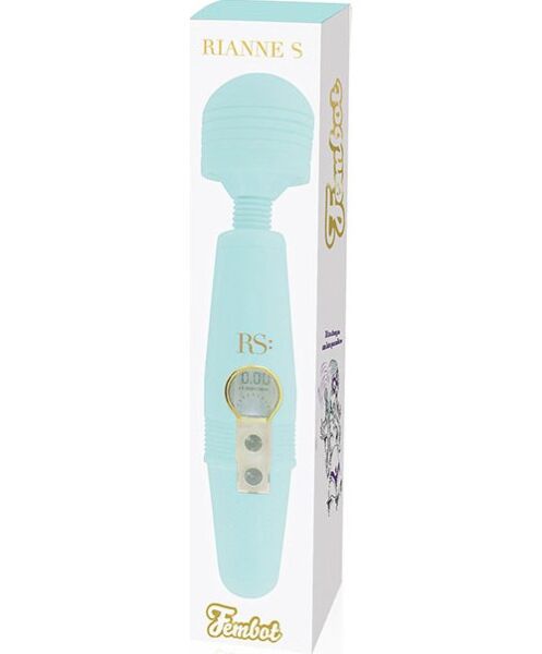 Rianne S Fembot Mint Green wand massager in mint green, with a screen on the handle
