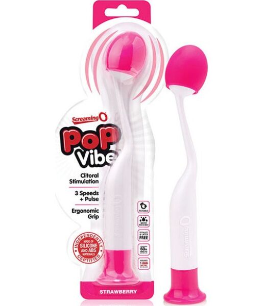 Screaming O PoP Vibe Strawberry wand massager in pink and white, showing its flexible head