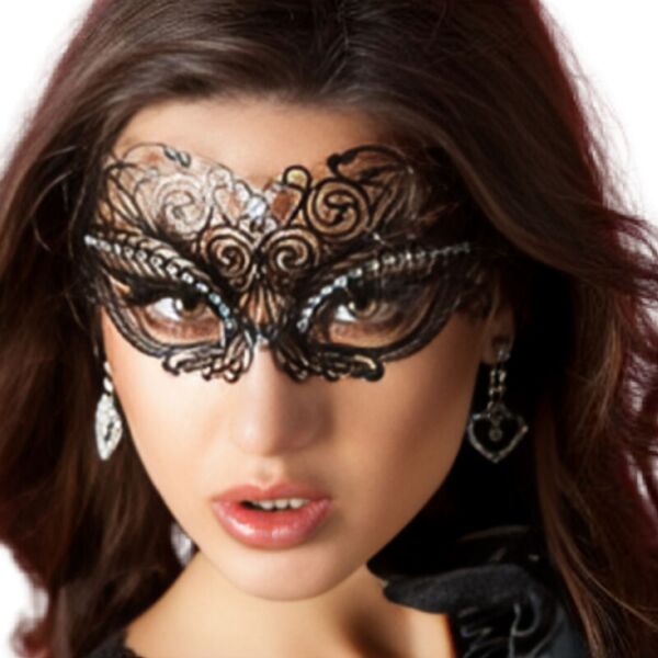 Chilirose CR 3706 metal mask in black, with sparkling crystals and satin ribbons