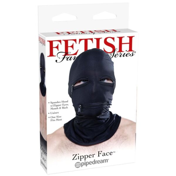 Fetish Fantasy BDSM hood with zips by Pipedream, showing the eye and mouth zips