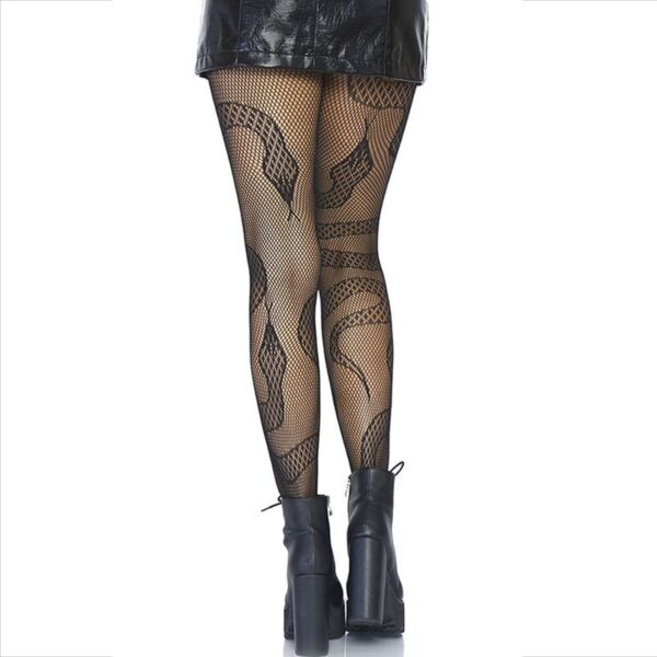 Black Leg Avenue Snake Net Tights fishnet tights with lace snakes over the mesh