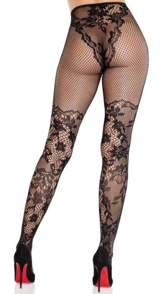 Leg Avenue Dahlia Lace Tights in black, with floral lace and fishnet thighs