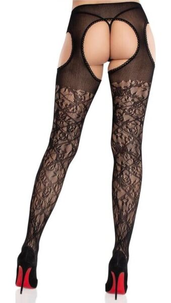 Leg Avenue Amaya stockings with integrated garter in black floral lace