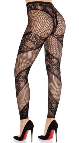 Leg Avenue Lace and Net Illusion footless tights in black, made of net with lace panels