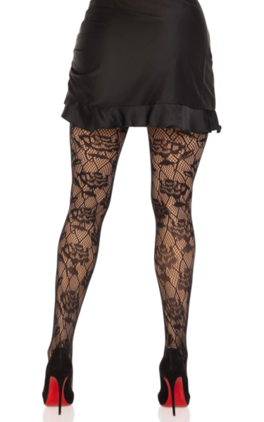 Leg Avenue Wild Rose black fishnet tights, with a diamond net and rose pattern