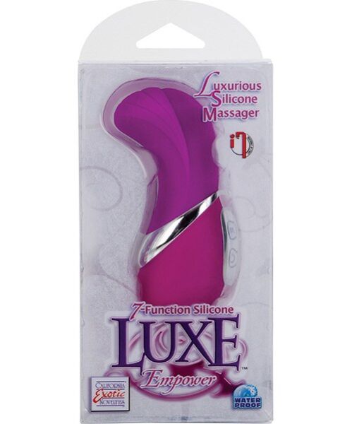 Pink Calexotics Silicone Luxe Empower mini vibrator with a curved, ribbed tip