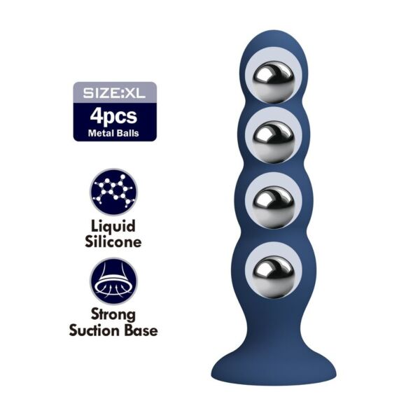 Mr Play butt plug with metal balls, in blue silicone with a suction cup base