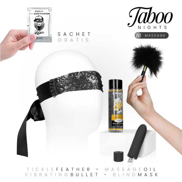 Taboo Nights 4 Massage set with Bruma oil, Geri bullet vibrator, blindfold, feather and Black Hole anal gel