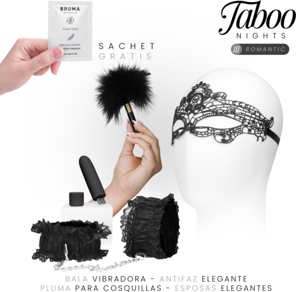 Taboo Nights 3 Romantic Dreamkit with blindfold, bullet vibrator, black lace cuffs, feathers and lubricant