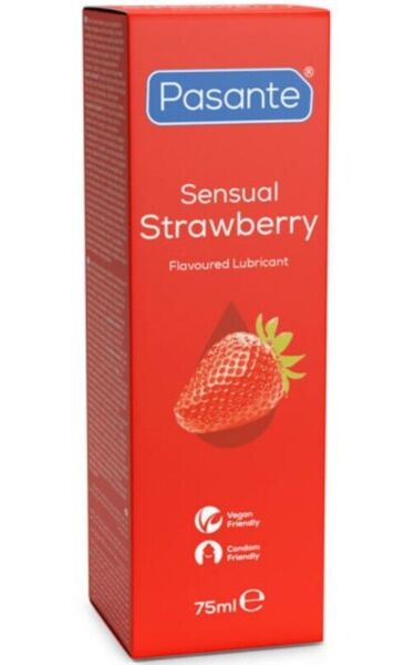 Bottle of Pasante Sensual Strawberry water-based lubricant, 75 ml, strawberry flavour