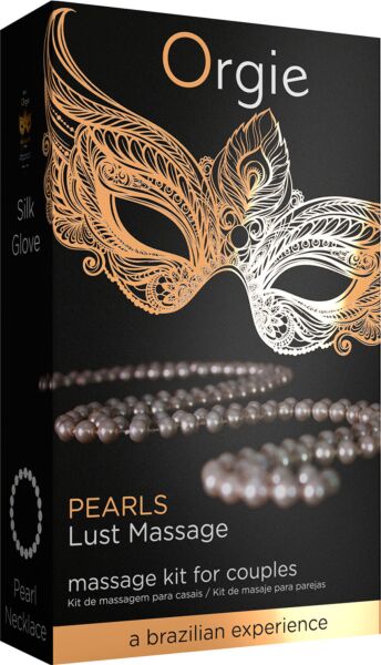 Orgie Pearls Lust Massage kit with the Silk Glove gel bottle, the pearl necklace and the guide