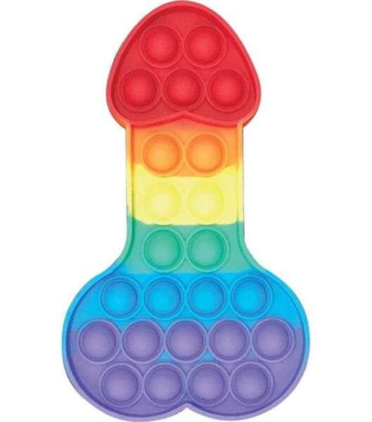Kheper Games Penis Pop-It Toy, a stress relief pop-it shaped like a penis with rainbow-coloured bubbles