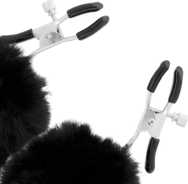Darkness Nipple Clamps with Pom Poms, shown with their pads and two pom poms