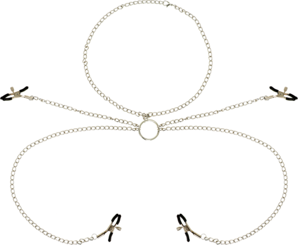 Ohmama Fetish nipple clamps with necklace, showing the four clamps and chains joined by a ring