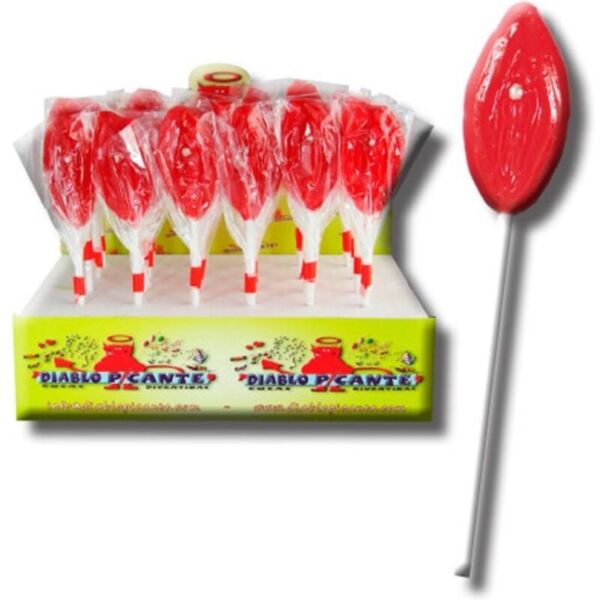Diablo Picante Lips Lollipop, a gummy lollipop shaped like lips with a strawberry flavour