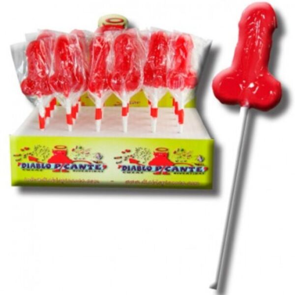 Diablo Goloso strawberry gummy lollipop by Diablo Picante, shaped like a penis