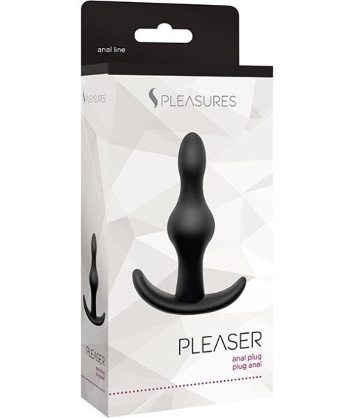 Black S Pleasures Pleaser butt plug with two graduated beads and a stop base