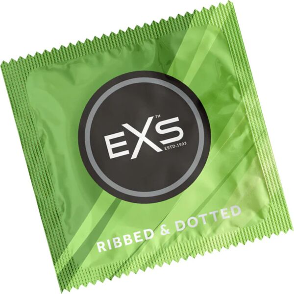 Box of EXS Ribbed & Dotted 56 mm condoms with ribs and dots