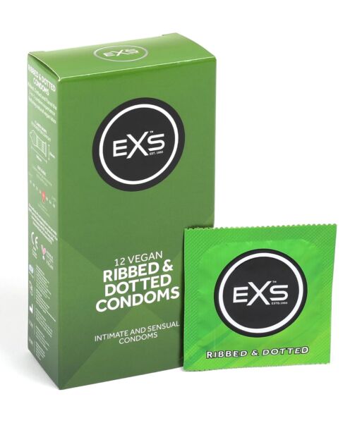 Box of EXS Ribbed & Dotted condoms with a ribbed and dotted texture