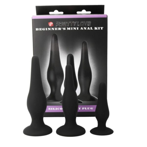 The three butt plugs of the Pretty Love Initiation Kit, in small, medium and large