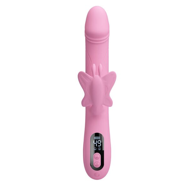 Intense Bella rabbit vibrator in pink, with its external butterfly-shaped stimulator