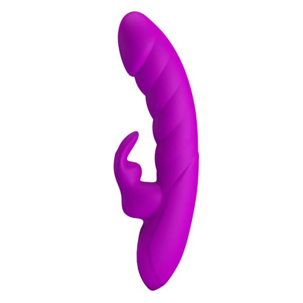 Pretty Love Monica purple rabbit vibrator, with its curved tip and clitoral arm