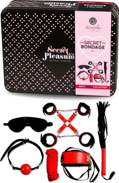 Secret Play Secret Bondage Red and Black bondage kit, with its faux leather pieces and the rope