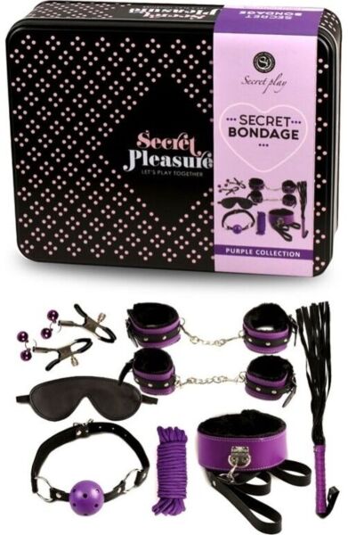 Secret Play bondage kit with whip, cuffs, ball gag, rope, blindfold, collar and nipple clamps, all in black