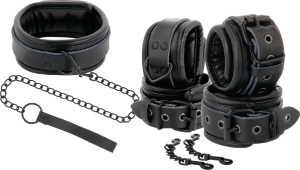 Darkness leather collar and handcuffs set with lead