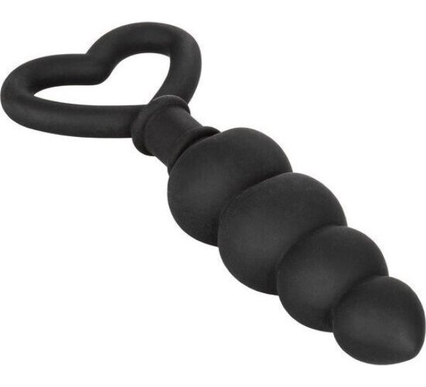 Black CalExotics Silicone Love Probe butt plug with a graduated body and heart-shaped ring