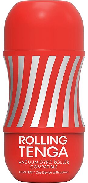 Tenga Vacuum Gyro Roller masturbator in black and red with its Rolling Tenga Cup