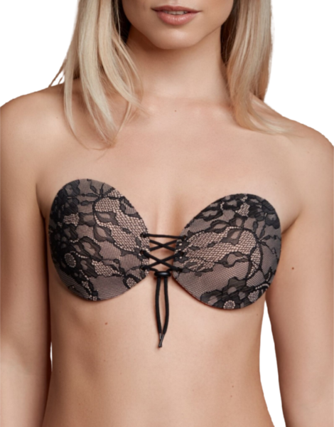 Bye Bra Round Lace-it adhesive bra, showing its two cups and the front lace-up fastening