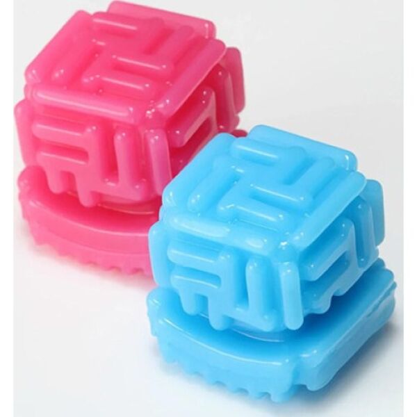 Tenga Bobble Crazy Cubes masturbator in blue and pink, next to its case