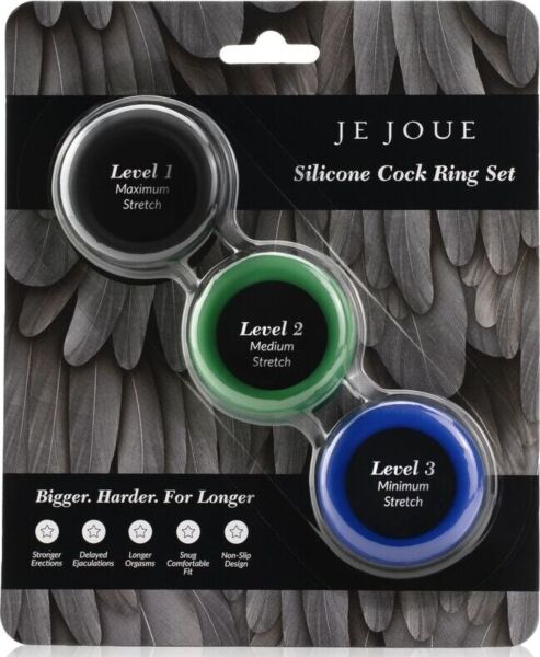Je Joue silicone cock ring set showing all three rings: blue, green and black