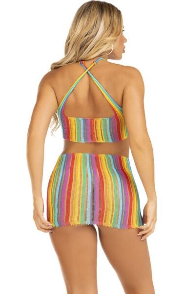 Leg Avenue Technicolor Dream rainbow striped mini dress with a halter neck and crossed straps