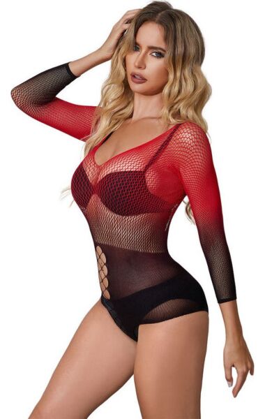 Subblime black and red bodysuit in gradient fishnet