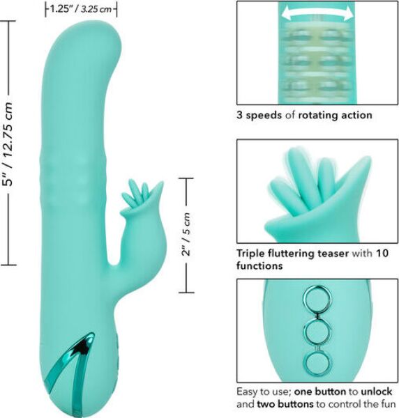 CalExotics Bel Air Bombshell rabbit vibrator, showing its rotating shaft and external stimulator