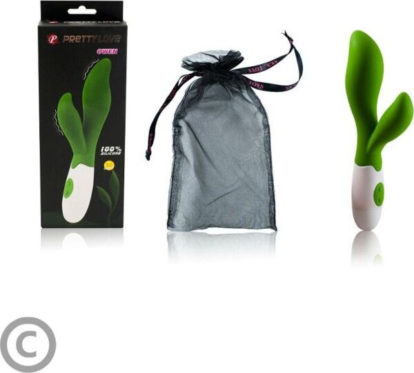 Pretty Love BI-014217 rabbit vibrator in green and white, with its clitoral arm