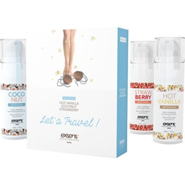 Exsens Warming Gourmet Let's Travel massage oil kit with its three bottles in strawberry, coconut and vanilla flavours