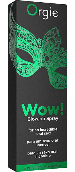 Glass bottle of Orgie Wow! Blowjob Spray oral spray