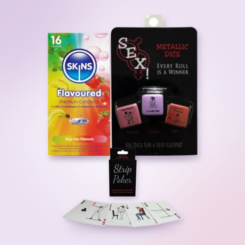 Joke Secret Santa gift kit with Strip Poker, dice and condoms