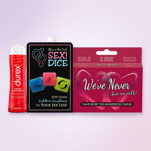 Spicy Secret Santa gift kit with cards, dice and strawberry lubricant